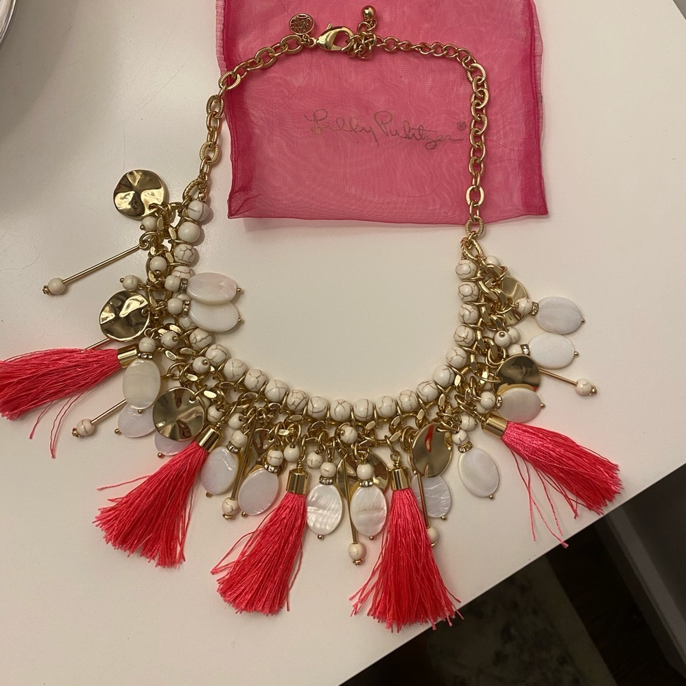 Lilly Pulitzer gold and pink tassle necklace